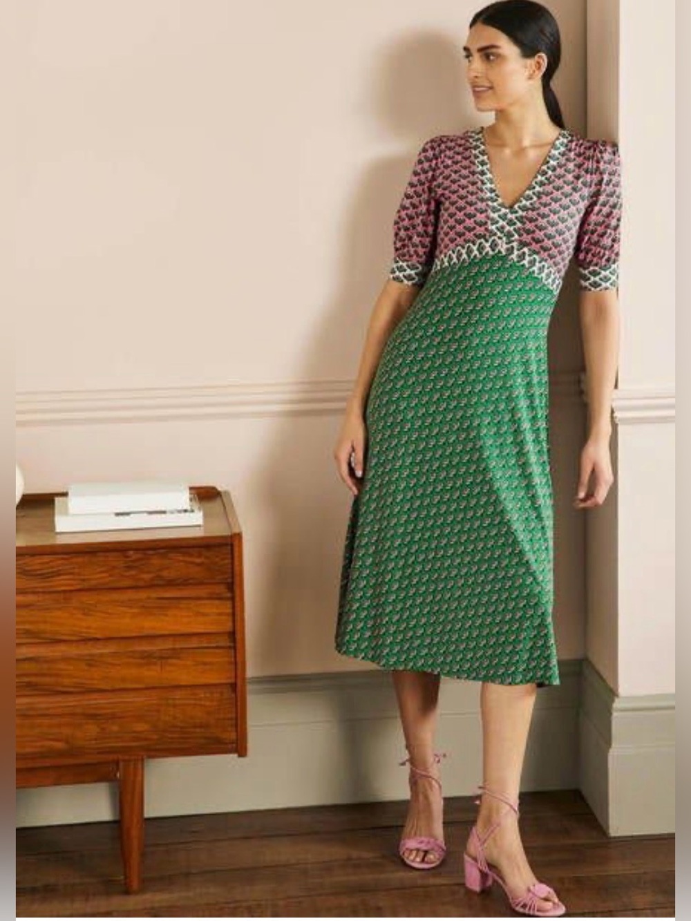 Boden Eva Azalea green floral midi viscose jersey knit women’s dress 8 uk 12 R